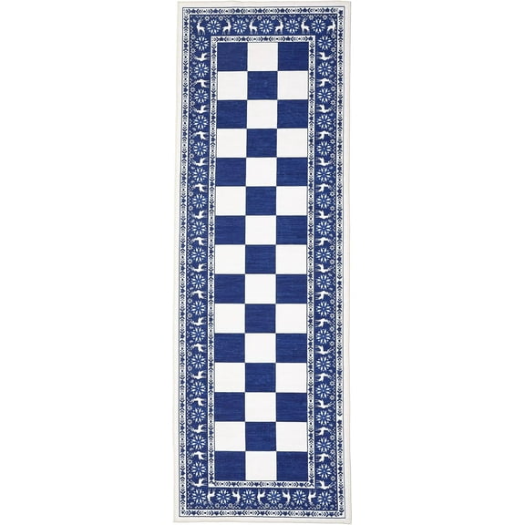 Senfot Blue 2x6 Runner Rug, Indoor Non Slip Carpet, Washable Rug for Christmas Decor, Checkered Soft Low Pile Christmas Rugs for Kitchen, Entryway, Living Room, Bedroom