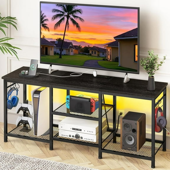 TV Stand Entertainment Center for 55 Inch TVs, with Charging Station and Lights Open Storage Shelves, TV Media Console,