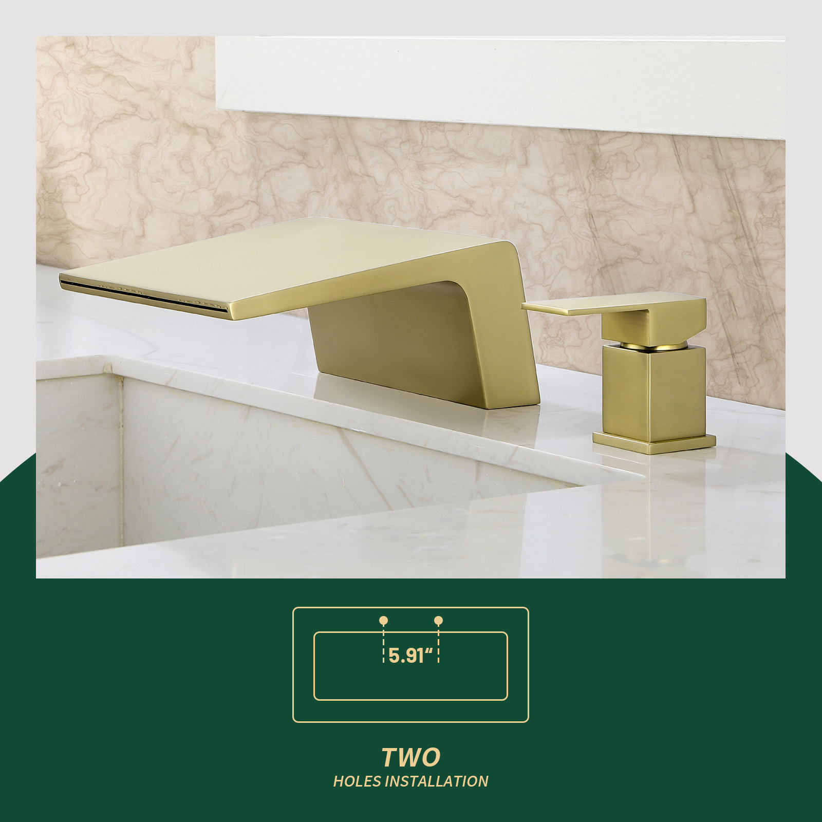 Cobbe Wide Waterfall Spout Modern Bathroom Sink Faucet Single Handle 2-Hole Mount Brushed Gold