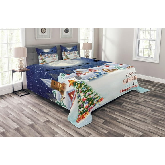 Ambesonne Christmas Quilted Bedspread Set 3 Pcs, Winter Sky Moon Star, Queen Size, Navy White