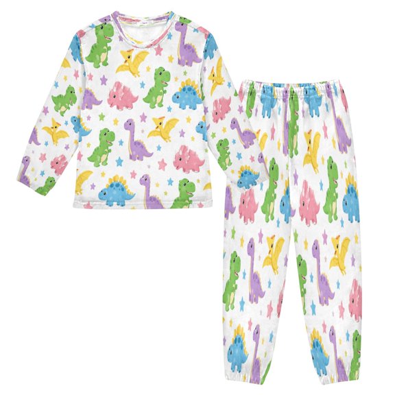 Kids Plush Pajamas Set Warm Loose-Fit Long Sleeve Pajama Top and Pants Set Cute Little Dinosaur Pattern X-Small
