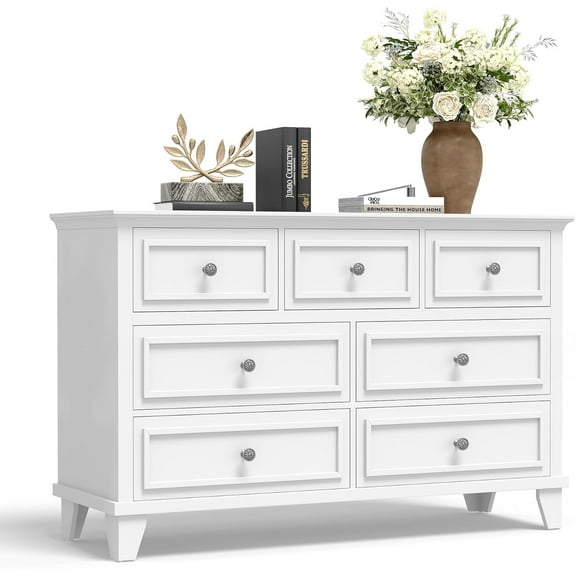 Garvee White Dresser for Bedroom, 7 Drawer Dresser, Wooden Chest of Drawers with Deep Drawers, 47" Long Dressers TV Stand, Modern Dressers Organizer with Vintage Handle for Living Room, Hallway