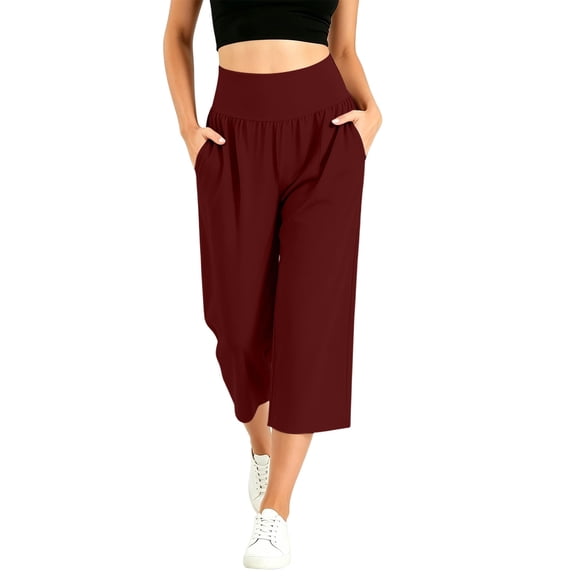 Mifsaly Capri Sweatpants for Women High Waisted Wide Leg Culottes with Pockets Lightweight Loose Fit Casual Lounge Cropped Trousers Wine,XL