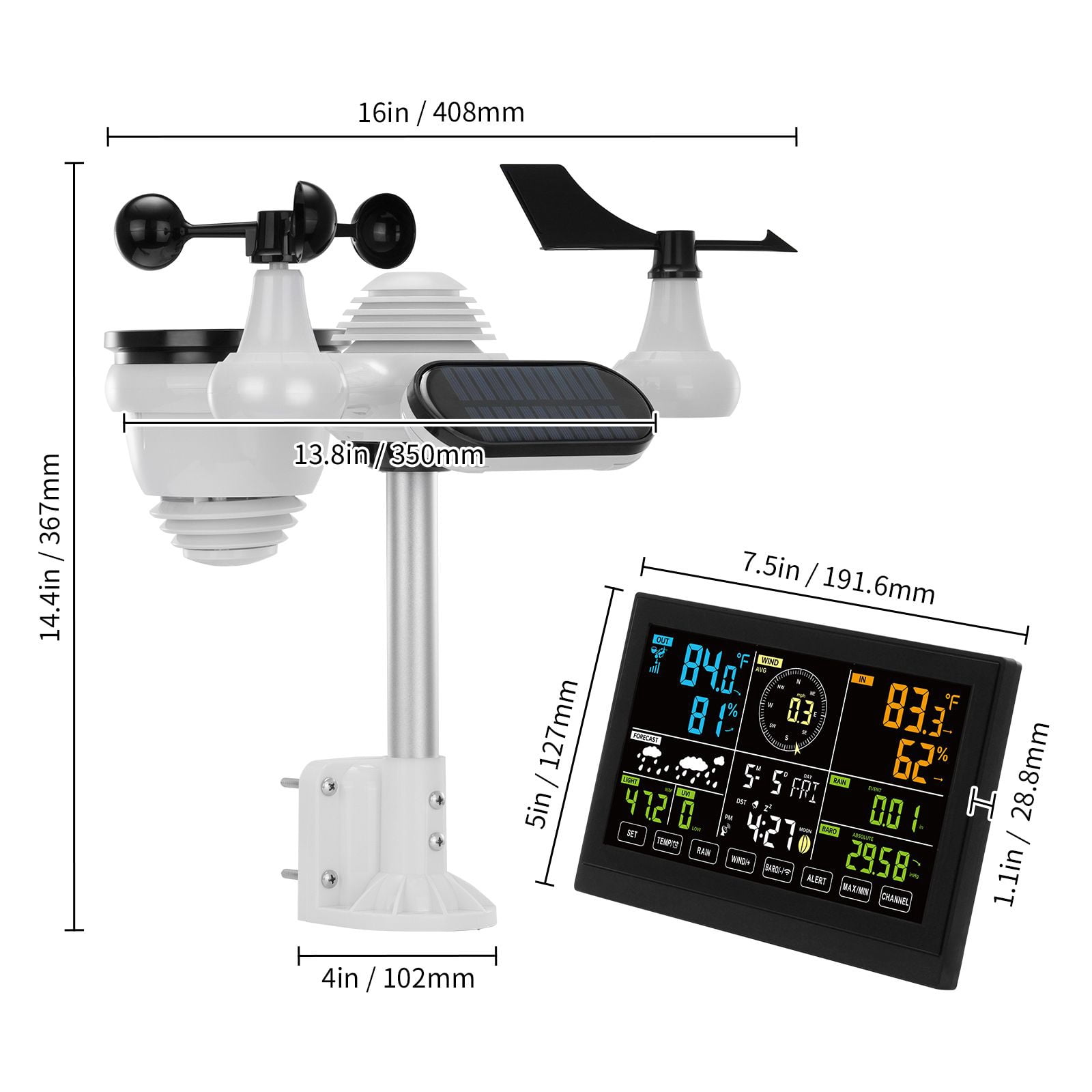 Wireless Weather Station 7-in-1 Solar Powered 7.5 Inch Display for Home Garden Farm
