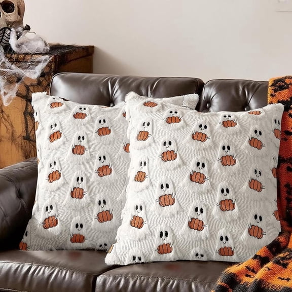 Yashow Halloween Pillow Covers Decorative Fall Cute Ghost Plush Faux Fur Pillows 18x18 inch Set of 2 Soft Pumpkin Accents for Sofa Couch Bed Living Room Festive Home Decor, White Orange