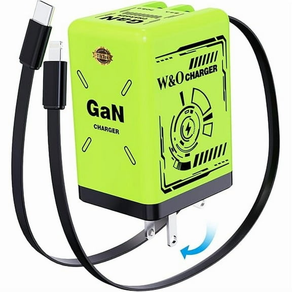W&O 45W GaN Charger Fast Charging,Retractable Phone Charger Wall Plug with Lightening and Type-C Cables,for iPhone16/15/14/13/12/11 Series, Galaxy S25/24,Android and More (Green)