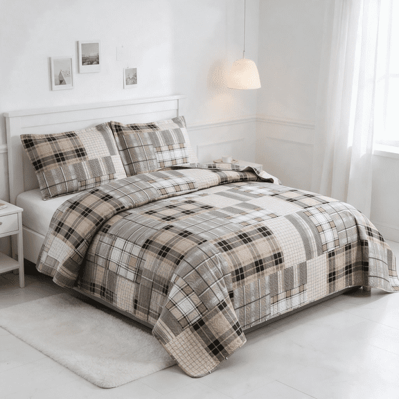 Smuge 3 Piece Full/Queen Size Reversible Check Plaid Patchwork Quilt Set, Lightweight Soft Microfiber Coverlet Bedspread,Grey Beige