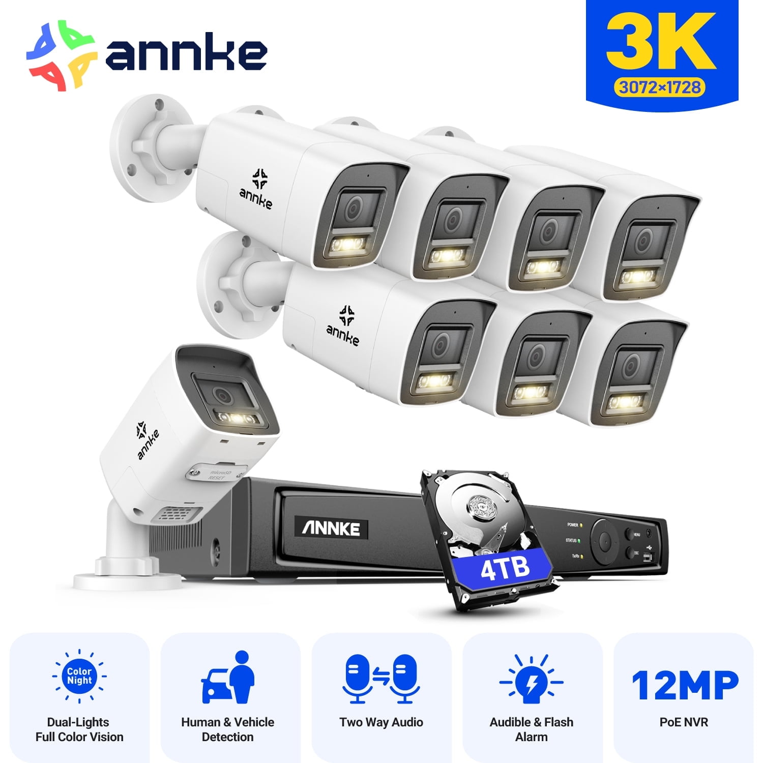 ANNKE H.265+ 3K PoE Outdoor Security Camera System, 16CH 12MP NVR and 8pcs 5MP PoE Surveillance IP Bullet Camera with Smart Dual Light, Audible Alarm, Color Night Vision, IP67 Waterproof, 4TB HDD