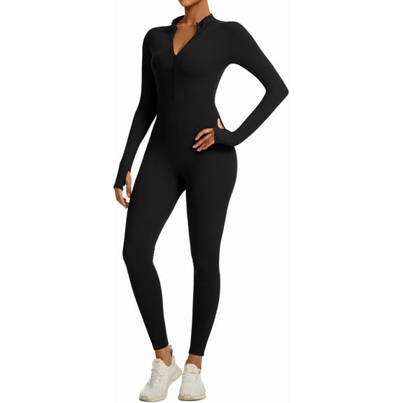 Women Long Sleeve One Piece Workout Jumpsuit Romper Bodysuit Tummy Control Body Suits Jumpers