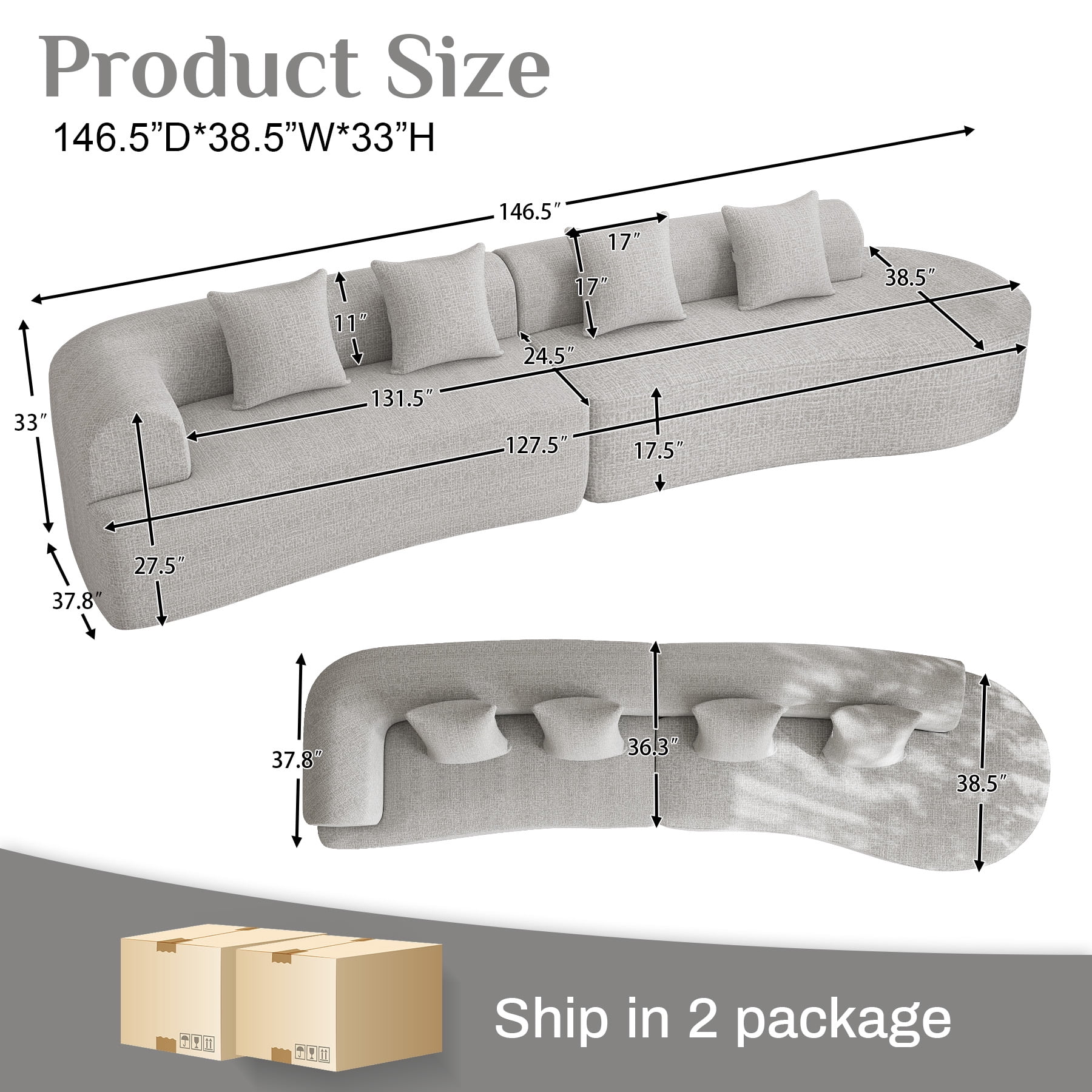 Wiilayok 146.5"Modern Chenille Sofa,Curved Sofa with Deep Seat,Cloud Compression Sofa Couch for Living Room,No Assembly