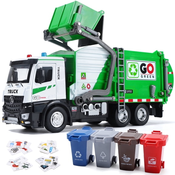 HOLYFUN 12'' Friction‑Powered Garbage Truck Toy, Recycling Vehicle with Metal Cab, Front Loader, Lights & Sounds, Includes 4 Trash Bins & Sorting Cards for Kids