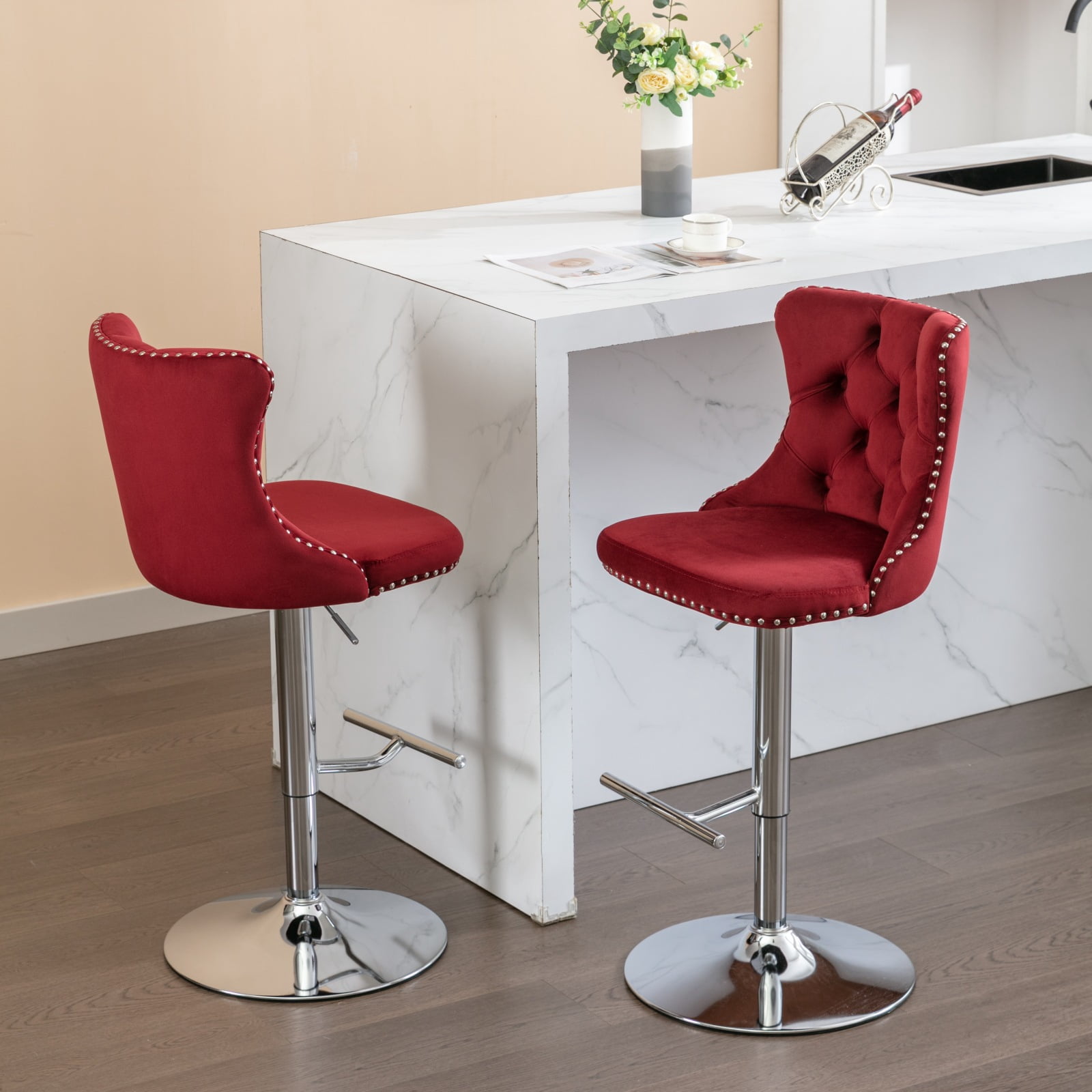 MAYEERTY Swivel Velvet Barstools - Adjustable Seat Height 25-33 Inch, Chrome Base, Tufted Backs, Wine Red/Burgundy, Set of 2