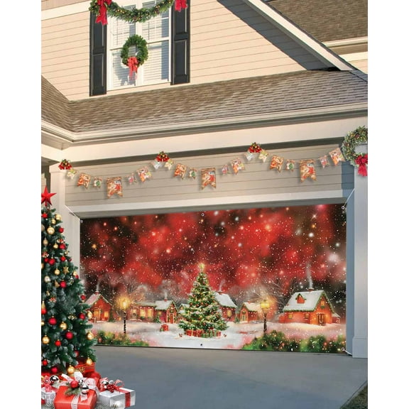 Garage Door Banner Cover 7 x 8 ft, Christmas Red View Christmas Tree Hut Light Golden Snowflakes Christmas Garage Door Decorations Holiday Christmas Backdrop Decor for Winter New Year Xmas Party