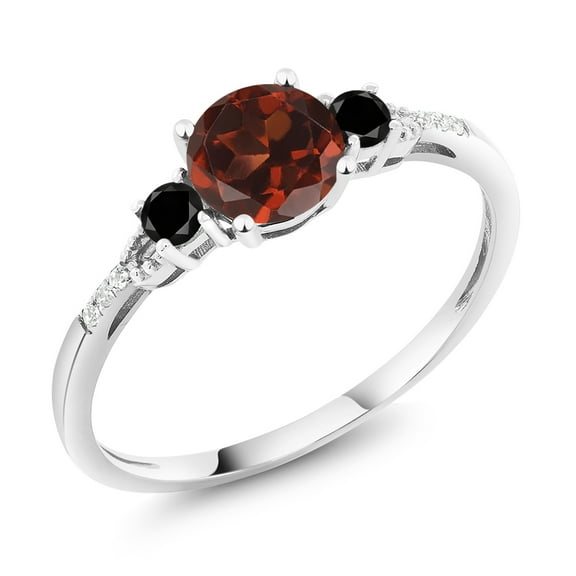 Gem Stone King 10K White Gold Red Garnet Black Diamond and White Diamond Accent 3-Stone Engagement Ring for Women (1.17 Cttw, Round 6MM, Gemstone January Birthstone, Size 6)