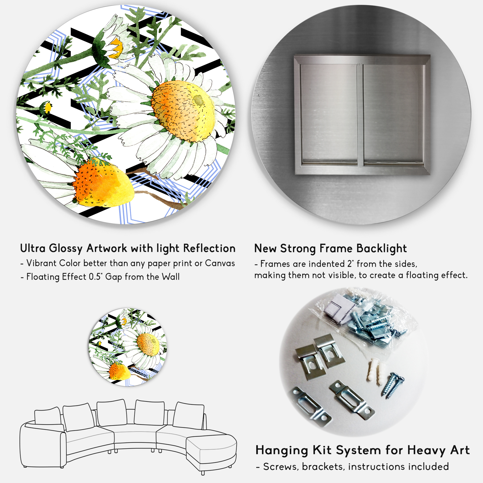 Designart 'Wild Spring Chamomile Flowers On Geometric Lines' Traditional Circle Metal Wall Art 29x29 - Disc of 29