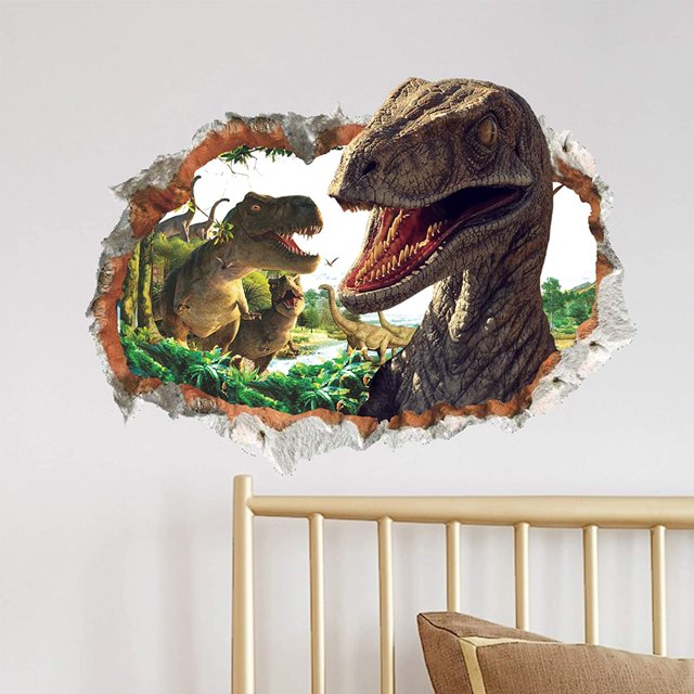 Etiqueta engomada de la pared del dinosaurio grande agrietado 3D, etiqueta de la pared del dinosaurio del bosque del agujero de la grieta, S