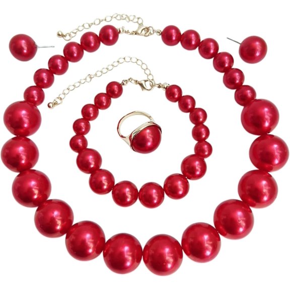 Large Big Simulated Pearl Adjustable Chain Necklace Bracelet Dangling Earrings Ring for Women Jewelry Set Imitation Dainty Elegant Wedding Party Birthday