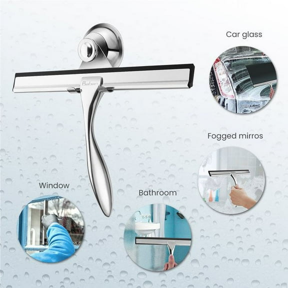 Shower Squeegee Clear Glass Wall Cleaner Stainless Steel with Suction Storage Hook -10'', Chrome