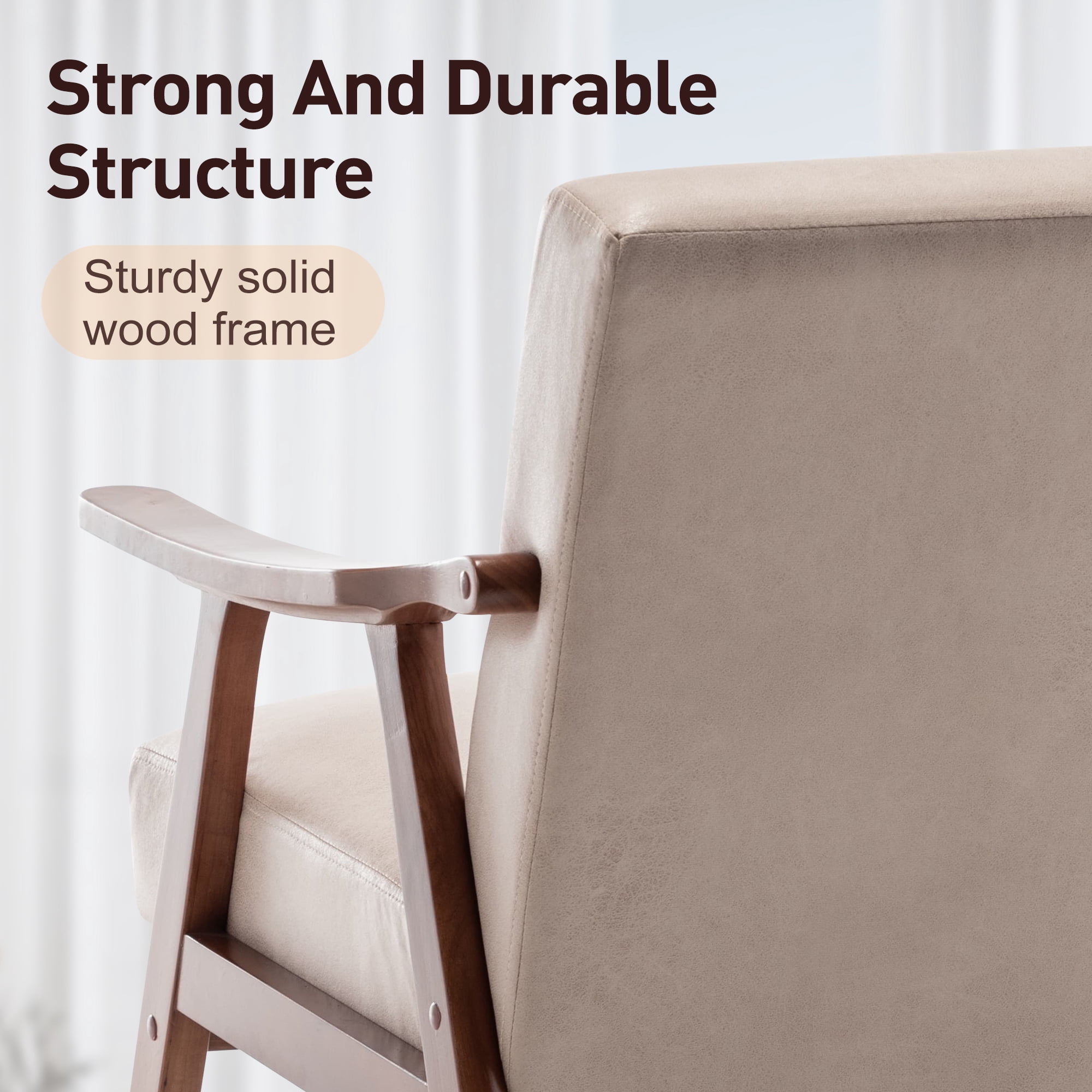 Mid-Century Modern Accent Chair,Velvet Upholstered Arm Chair with Solid Wood Frame & Extra-Thick Backrest,Single Sofa Armchair for Living Room, Bedroom, Balcont,Light Camel