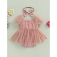 thumbnail image 5 of Newborn Infant Baby Girls Romper Dress 6M 12M 18M 24M Short Sleeve Bow Tulle Jumpsuits Summer Bodysuits with Headband Toddler Clothing, 5 of 10