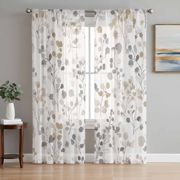 Grey Brown Botanical Sheer Curtains 84 Inch Length 2 Panels Set, Summer Leaf Watercolor Voile Window Treatment Rod Pocket Curtains Sheers Drapes for Bedroom/Living Room/Kitchen 52"x84"x2