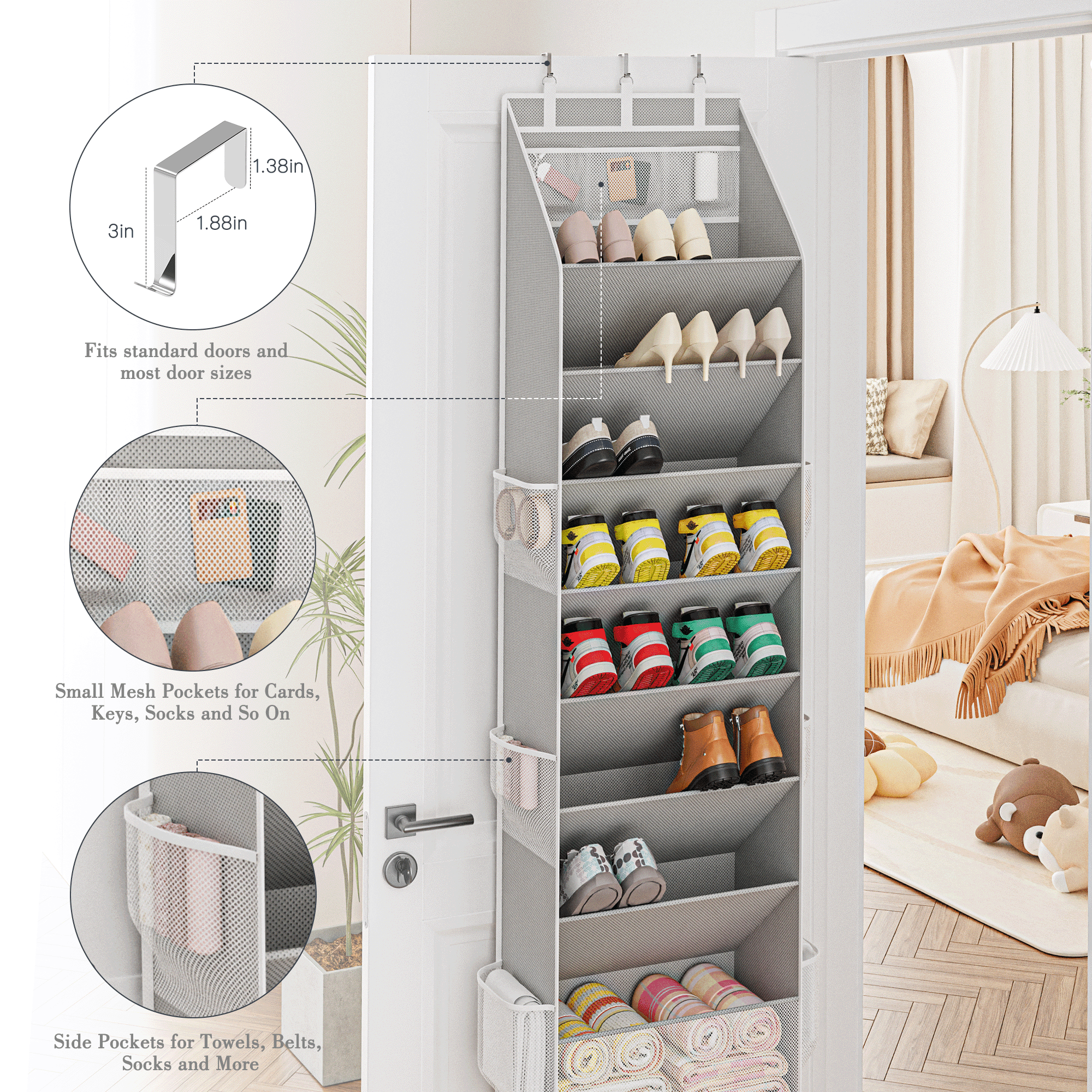 Criusia Over the Door Shoe Organizer, Hanging Shoe Storage with Deep Pockets ,Ideal for Sneakers, Heels, Boots, Fits 16-24 Pairs of Shoes, Gray