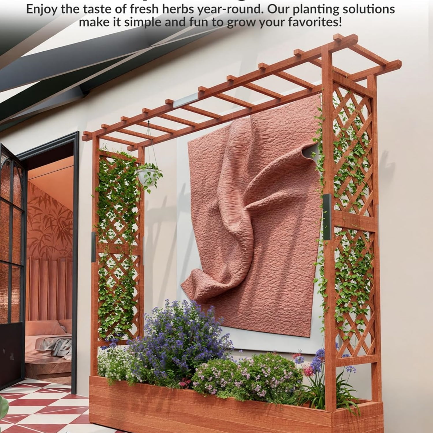 Riedhoff Outdoor Wooden Raised Garden Bed with Trellis, Hanging Roof & Side Trellis, 77.16 x 17.32 x 71.65"