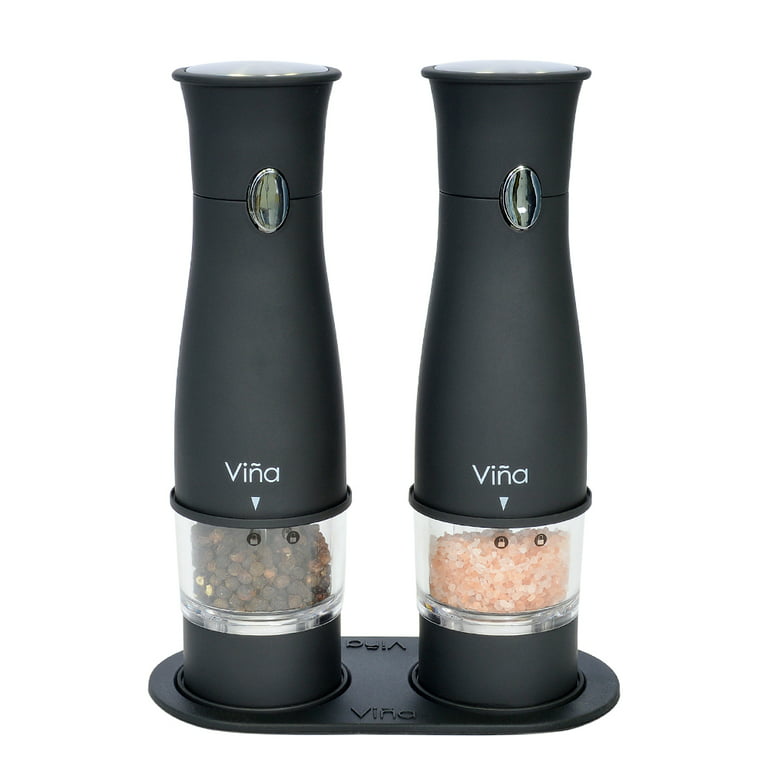 Vina Electronic Salt and Pepper Grinder Set, Battery Powered, LED Light,  Plastic Body Automatic Salt Pepper Mill with Matching Stand, Pack of 2,  Black 