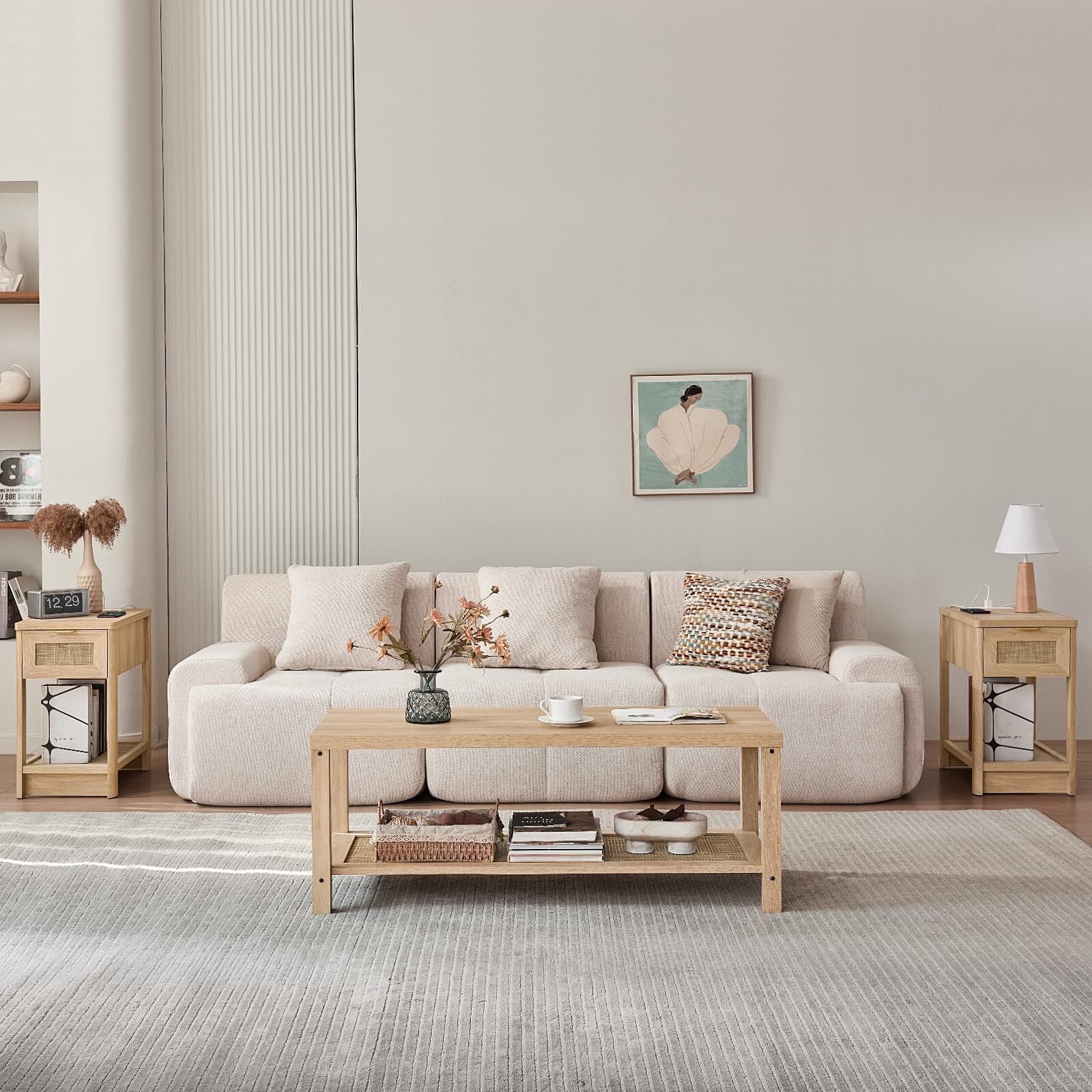Buildhom Boho Rattan Coffee Table with Woven Open Shelf, Natural Wood Center Table for Living Room, Natural