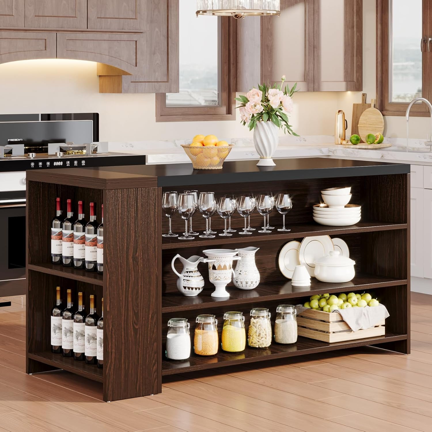 Tribesigns 55" Kitchen Island with Storage, Farmhouse 5-Tier Stationary Island Table with 5 Shelves