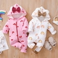 thumbnail image 3 of Bellafa Newborn Baby Fall Winter Outfit Fleece Lining Hooded Jumpsuit Infant Girl One Piece Romper Love Pattern Baby Warm Snowsuit, 3 of 5