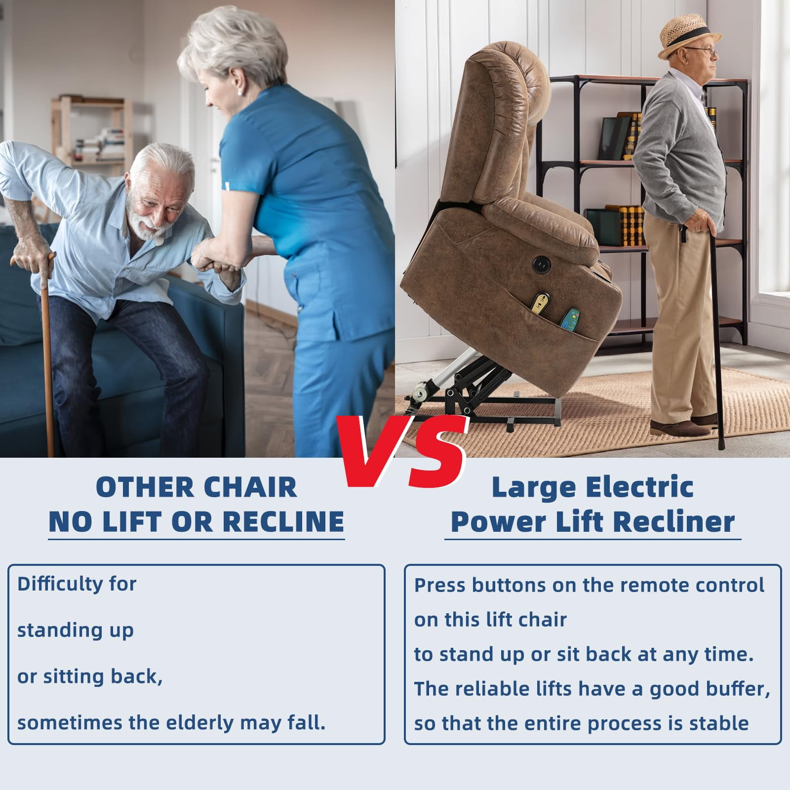 SOCIALCOMFY Large Electric Power Lift Recliner Chair with Extended Footrest for Elderly Big Man, Overstuffed Wide Massage Lounge Chairs with Heat, 2 Cup Holders, Side Pockets & USB Ports, Brown