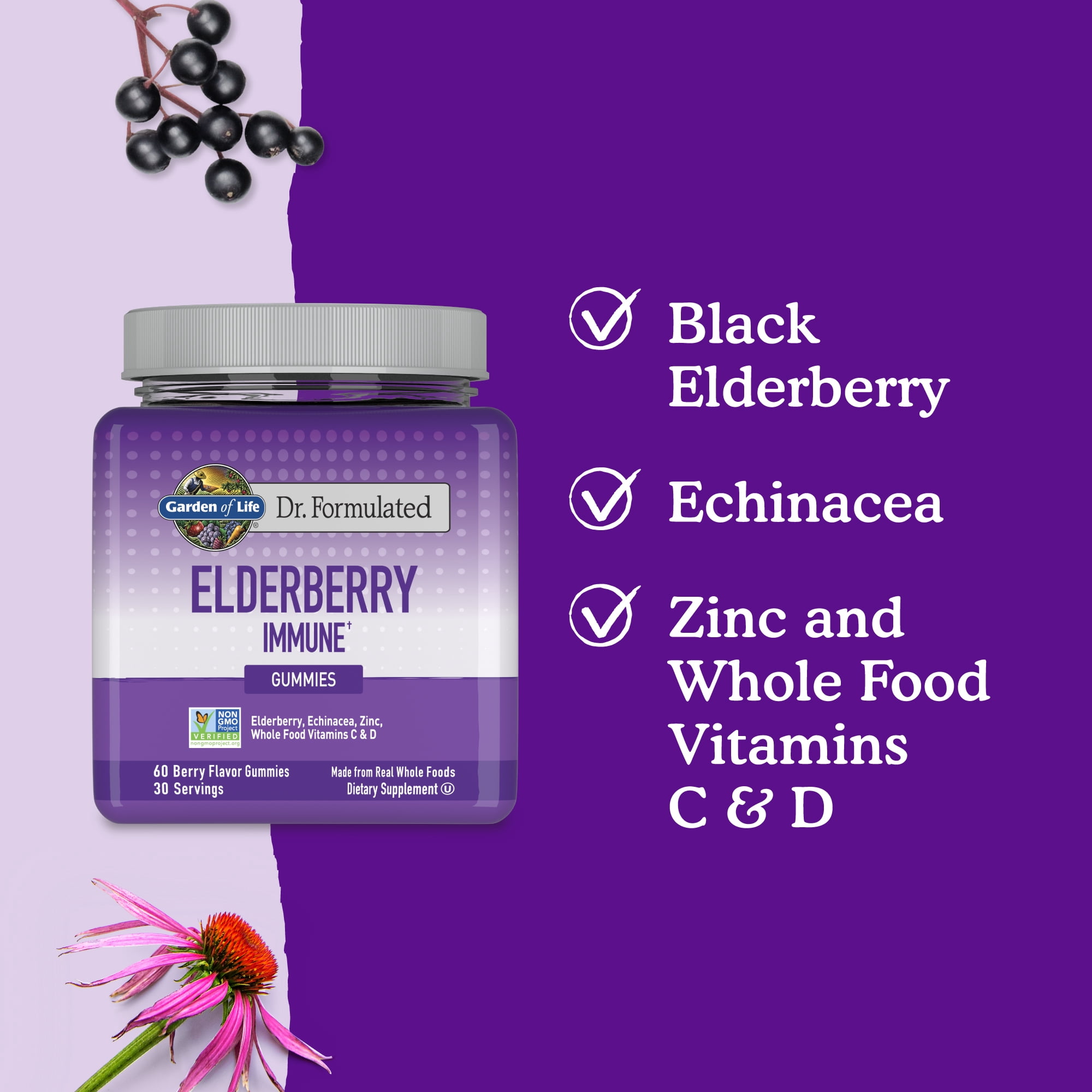 Garden of Life Elderberry Immune Gummies with Zinc, Whole Food Vitamin C & D3 – Non-GMO, Berry Flavor, 60ct
