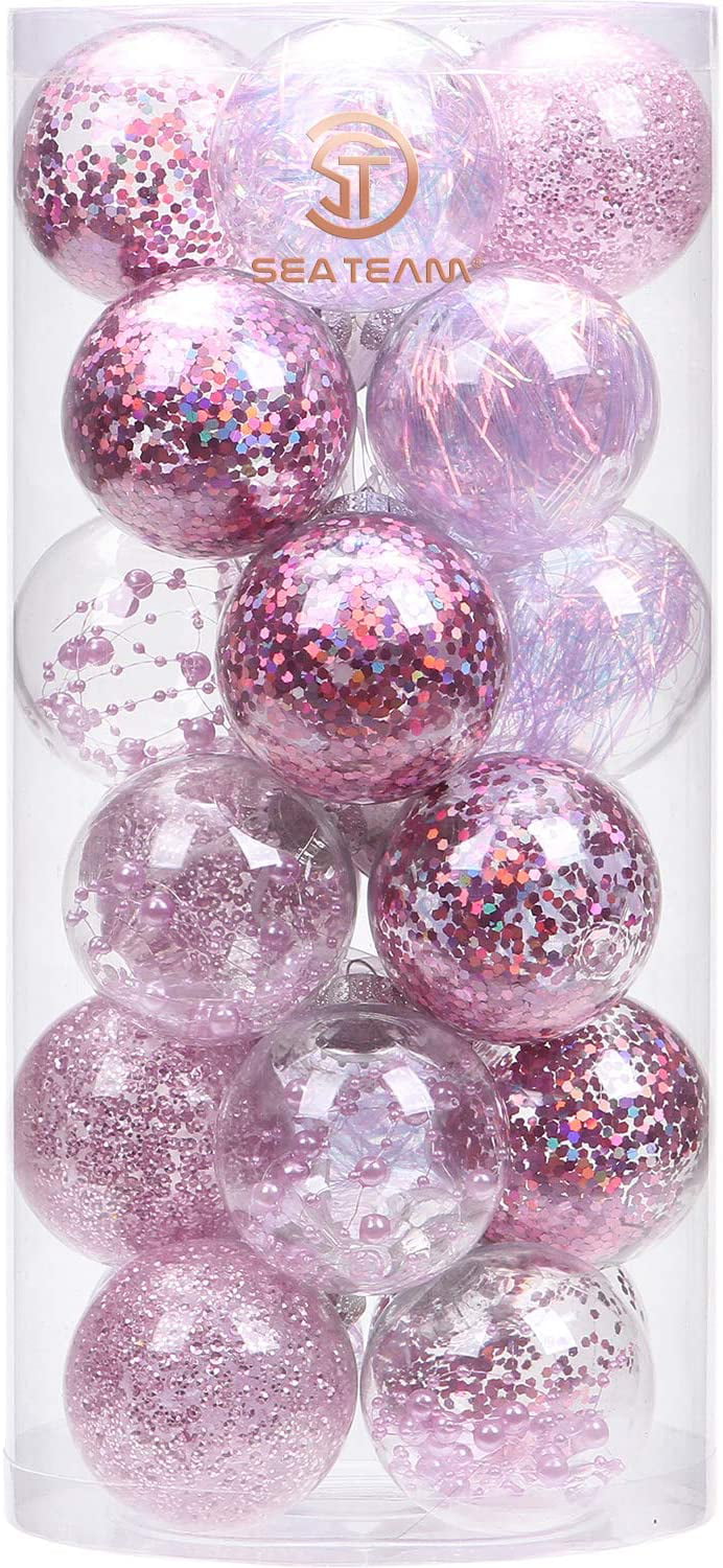 24 Counts, Champagne Sea Team 70mm/2.76 Shatterproof Clear Plastic Christmas Ball Ornaments Decorative Xmas Balls Baubles Set with Stuffed Delicate Decorations