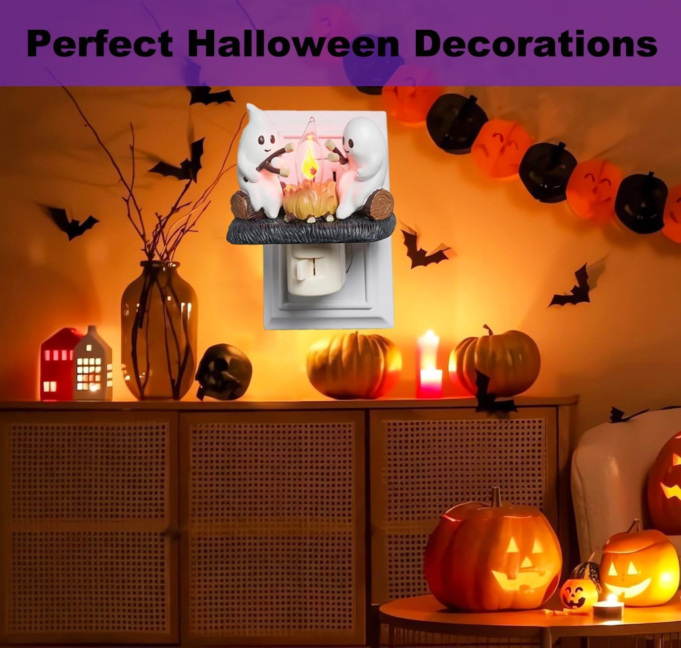 Ghost Campfire Flickering Night Light, Ghosts Campfire Flicker Flame Halloween Nightlight, 3D LED Small Electric Faux Campfire Night Light, Spooky Fire Marshmallow Night Light Halloween Gifts
