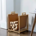 thumbnail image 3 of Modern  Tone Metal Firewood Stand with Brown Leatherette Wood Holder Sling, Wire Mesh Design and  Carrying Handles, Compact Log Splits Kindling Storage Rack, 3 of 7