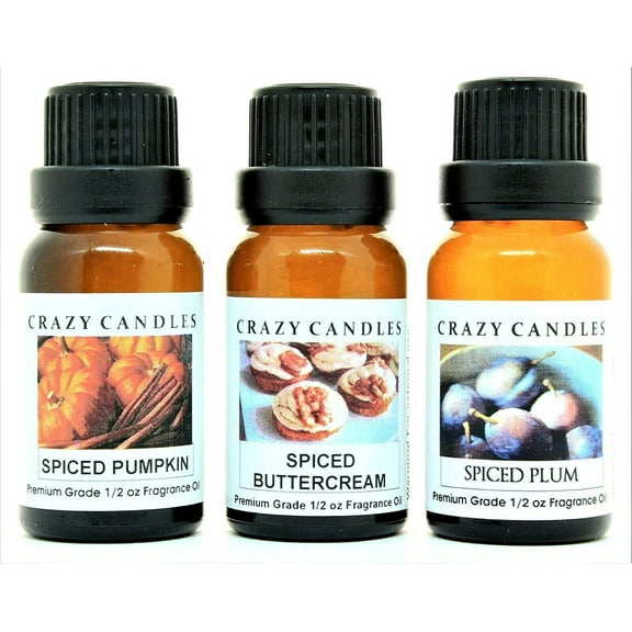 Crazy Candles 3 Bottles Set, 1 Spiced Plum, 1 Spiced Pumpkin, 1 Spiced Buttercream 1/2 fl oz Each (15ml) Premium Grade Scented Fragrance Oils