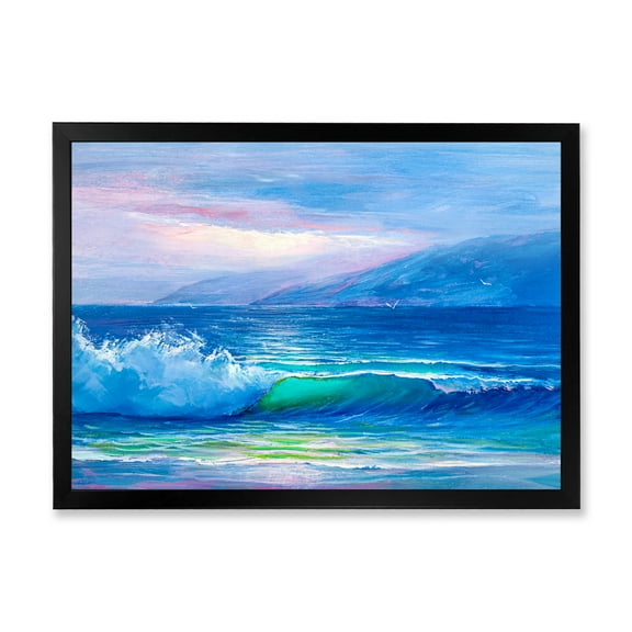 Designart 'Blue Waves Breaking At The Beach Landscape II' Nautical & Coastal Framed Art Print