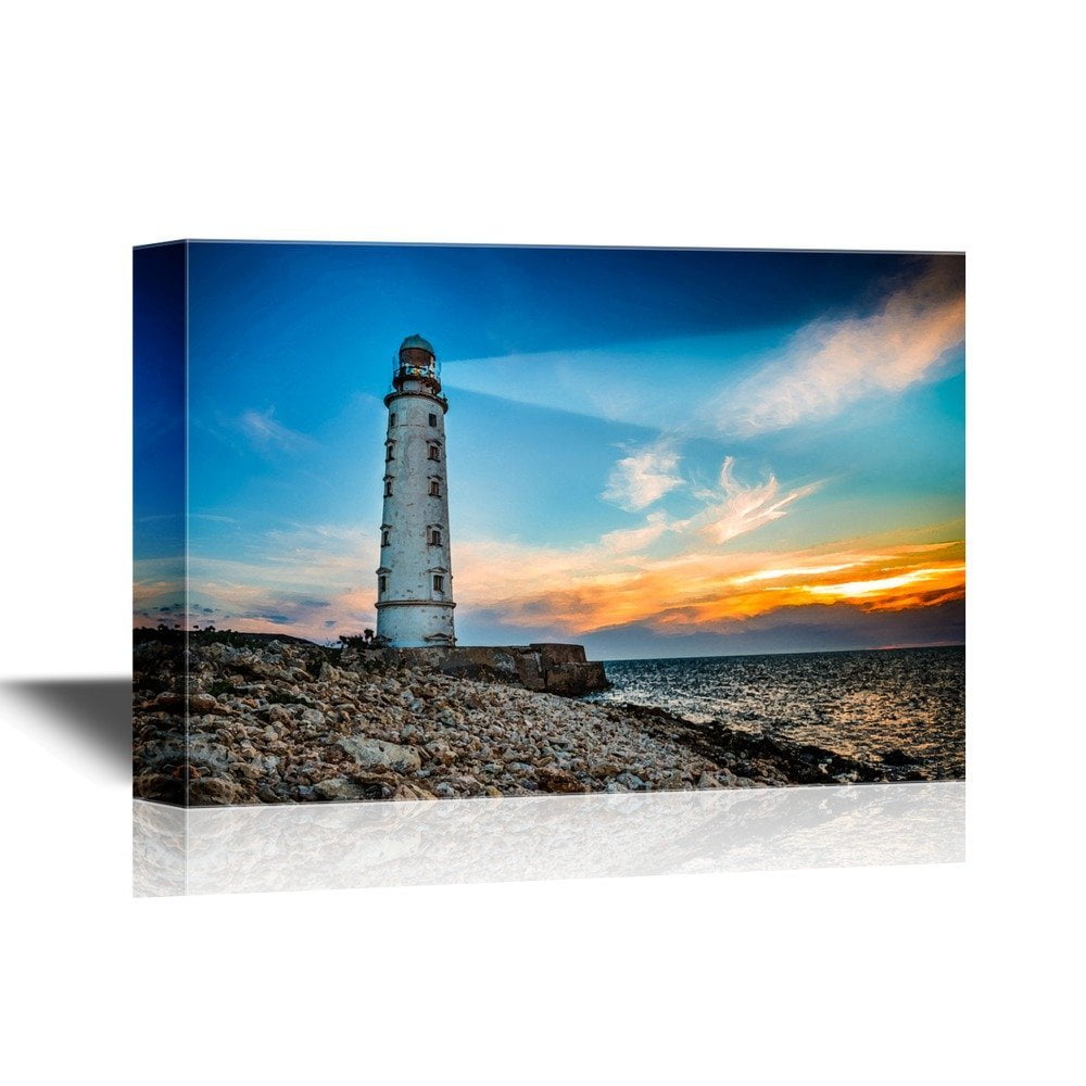 Wall26 Canvas Wall Art - Lighthouse Searchlight Beam Through Sea Air at