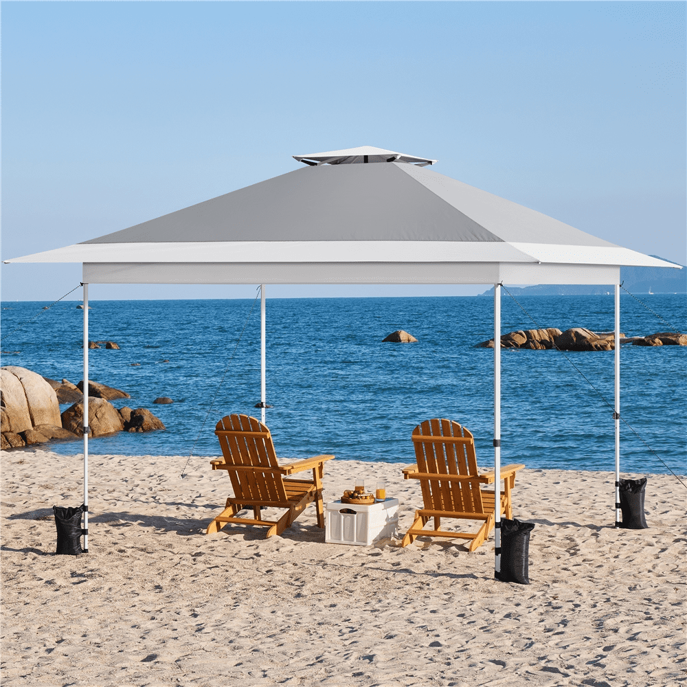 Alden Design 13 ft Pop-Up Adjustable Canopy W/ Overhang Rolling Storage Bag for Outdoor, Light Gray/White