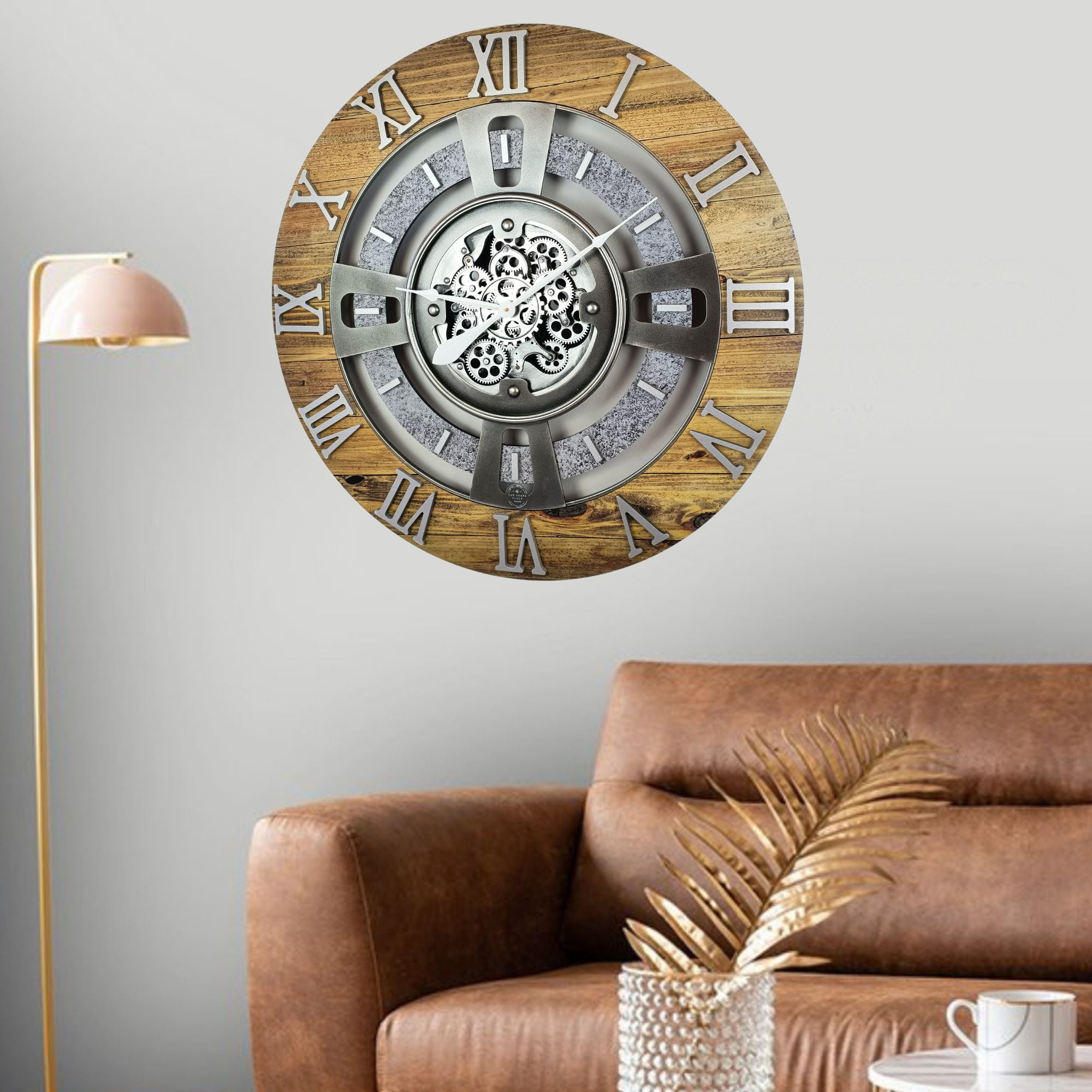 THE GEARS CLOCK Wall Clock with Real Moving Gears EN-LI_ 24 in Round Wood-Stone