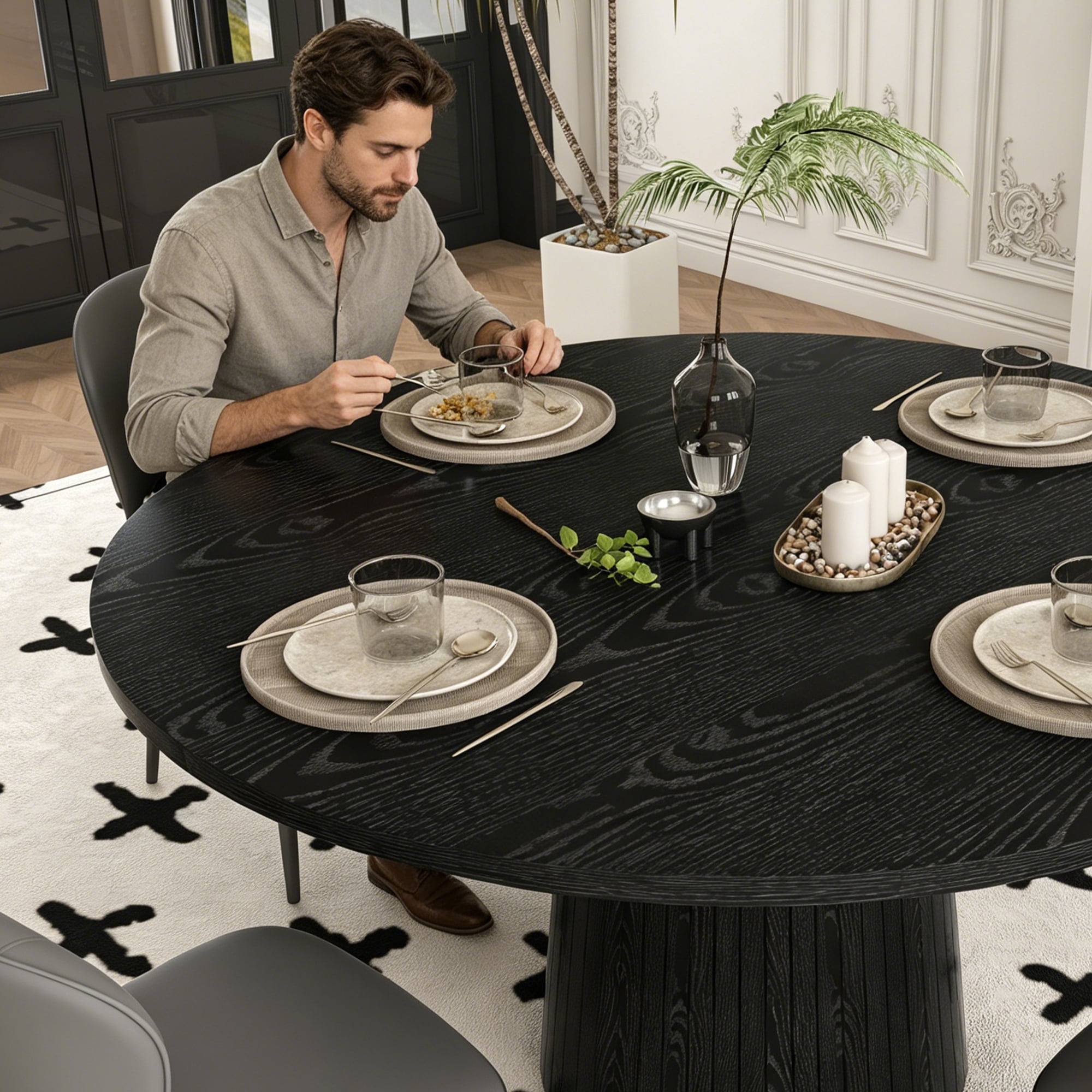 47 in Round MDF Dining Table for 4, Modern Farmhouse Kitchen Table with Wood Strip Base, Black
