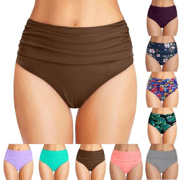 Minjewel Women's Printed High Waist Swim Shorts, Sexy Beach Holiday Bathing Suit Bottom, Solid Color Swim Bottoms,Green L