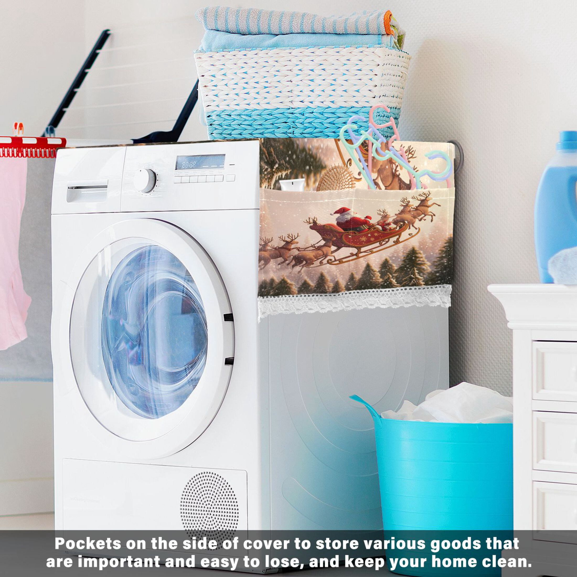 Santa Claus Giving Presents Washer and Dryer Covers Dust-Proof and Oil Resistant Fridge Cover with 4 Storage Pockets Washing Machine Top Cover for Laundry Kitchen Home 51.2 x 22 In