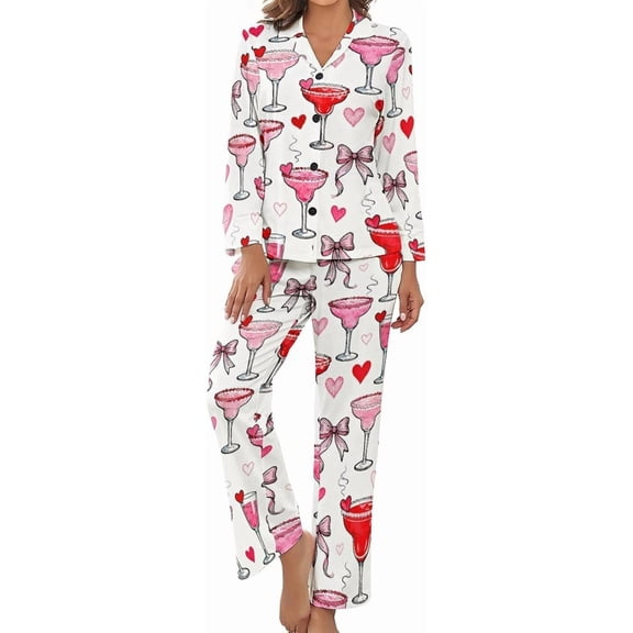Top-kevin Women's Pajama Sets Cocktails Hearts Bows Romance Long Sleeve Lounge Sets Pjs Sleepwear with Pockets