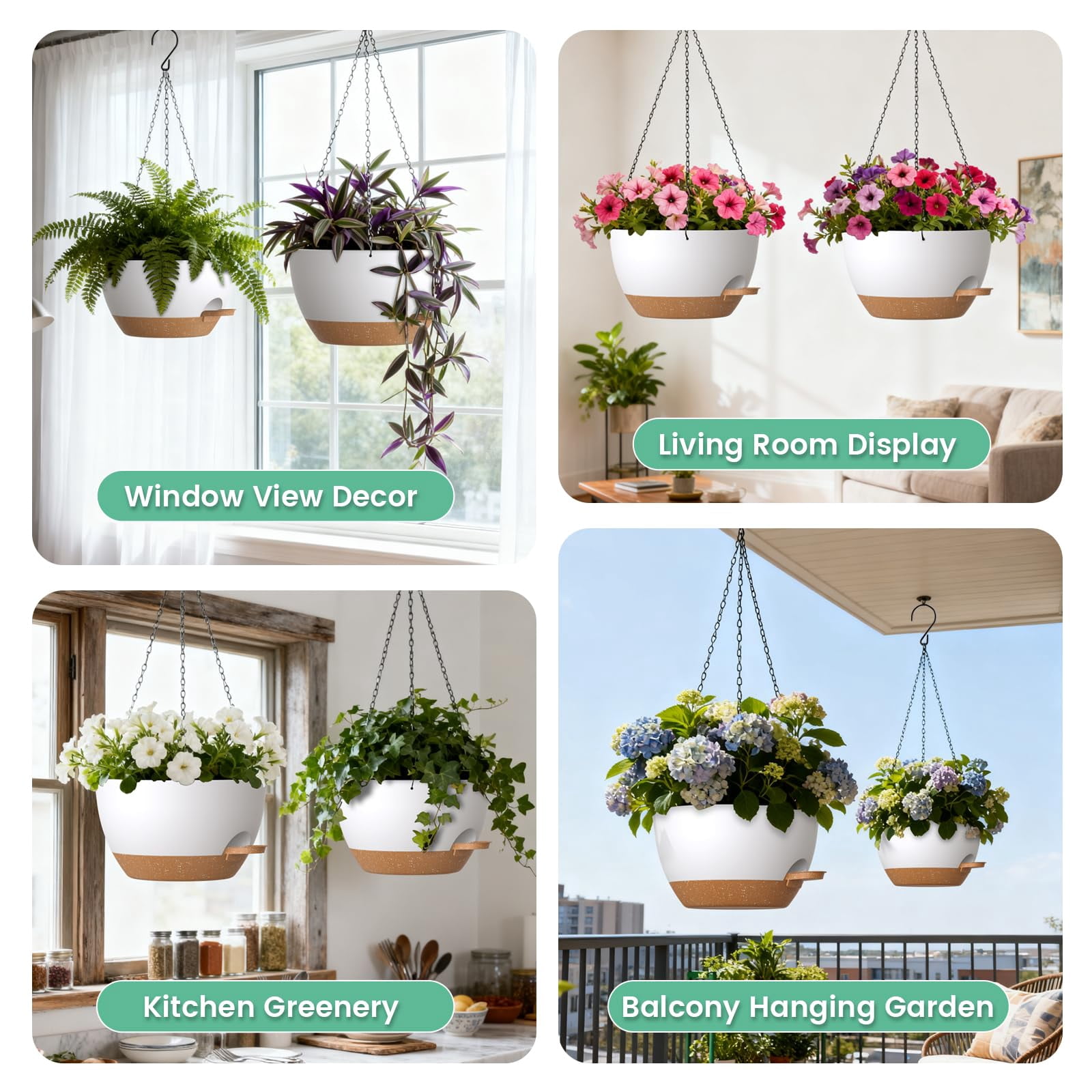 13 Inch 2 Pack Large Self Watering Hanging Planters for Indoor Outdoor Plants, Hanging Plant Pots with Removable 50 Oz Reservoir, Plastic Hanging Basket for Window Porch Garden,