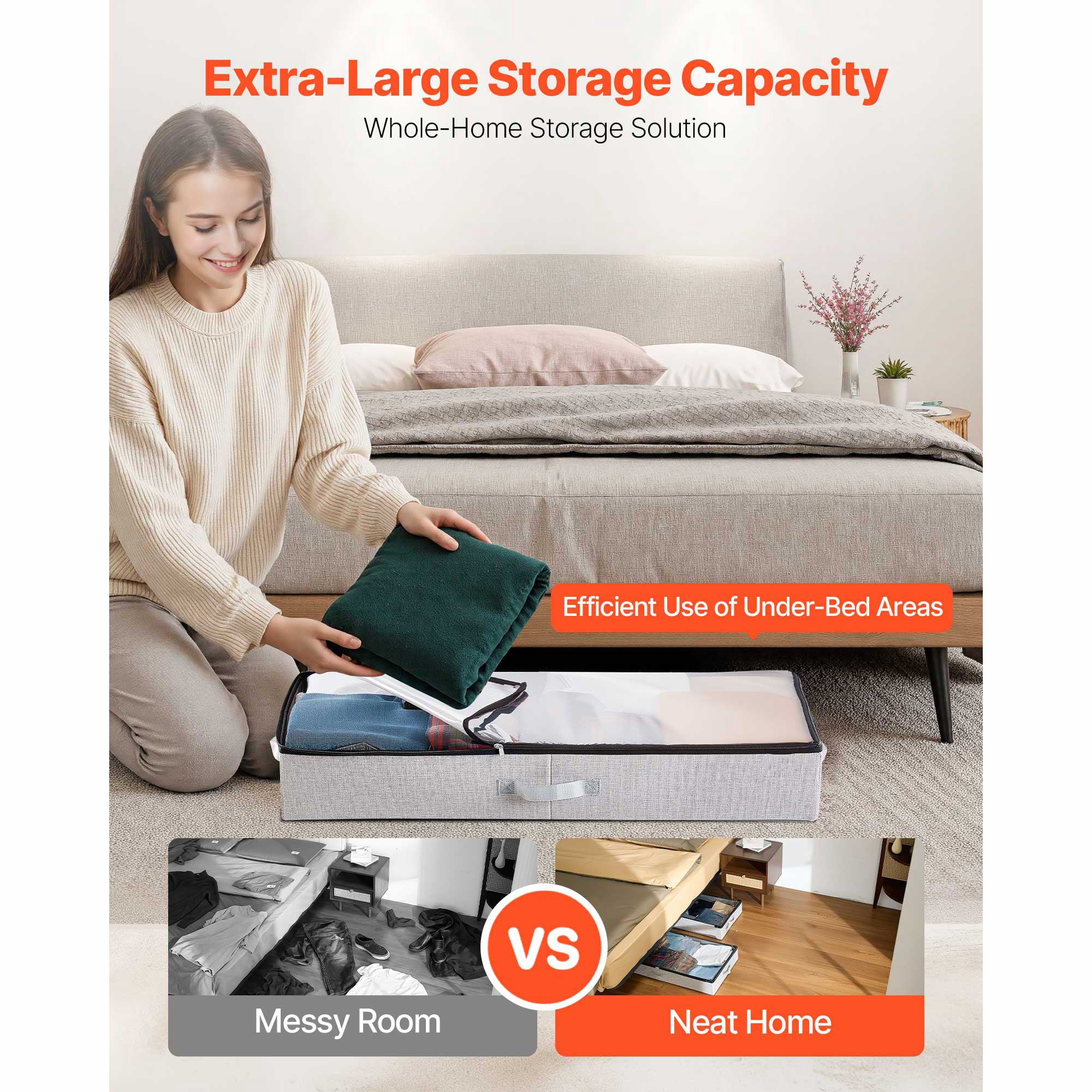 KFFKFF Under Bed Storage Containers with Transparent Lids, 33.5 x 16.9 x 4.7 Inches, 45L Capacity, Low-Profile Storage Bins for Clothes, Shoes, Blankets, and Bedroom Organization, Set of 2