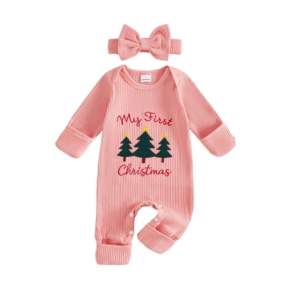 RUINIXCW Newborn Baby Girl My First Christmas Outfit Infant Girl Fall Winter Ribbed Jumpsuit Xmas Clothes Tree Embroidery Long Sleeve Jumpsuit Headband