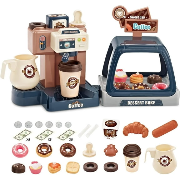 Tea Party Kids Coffee Maker Playset, Cash Register Pretend Play Kitchen Toys for Girls 3-6 Year