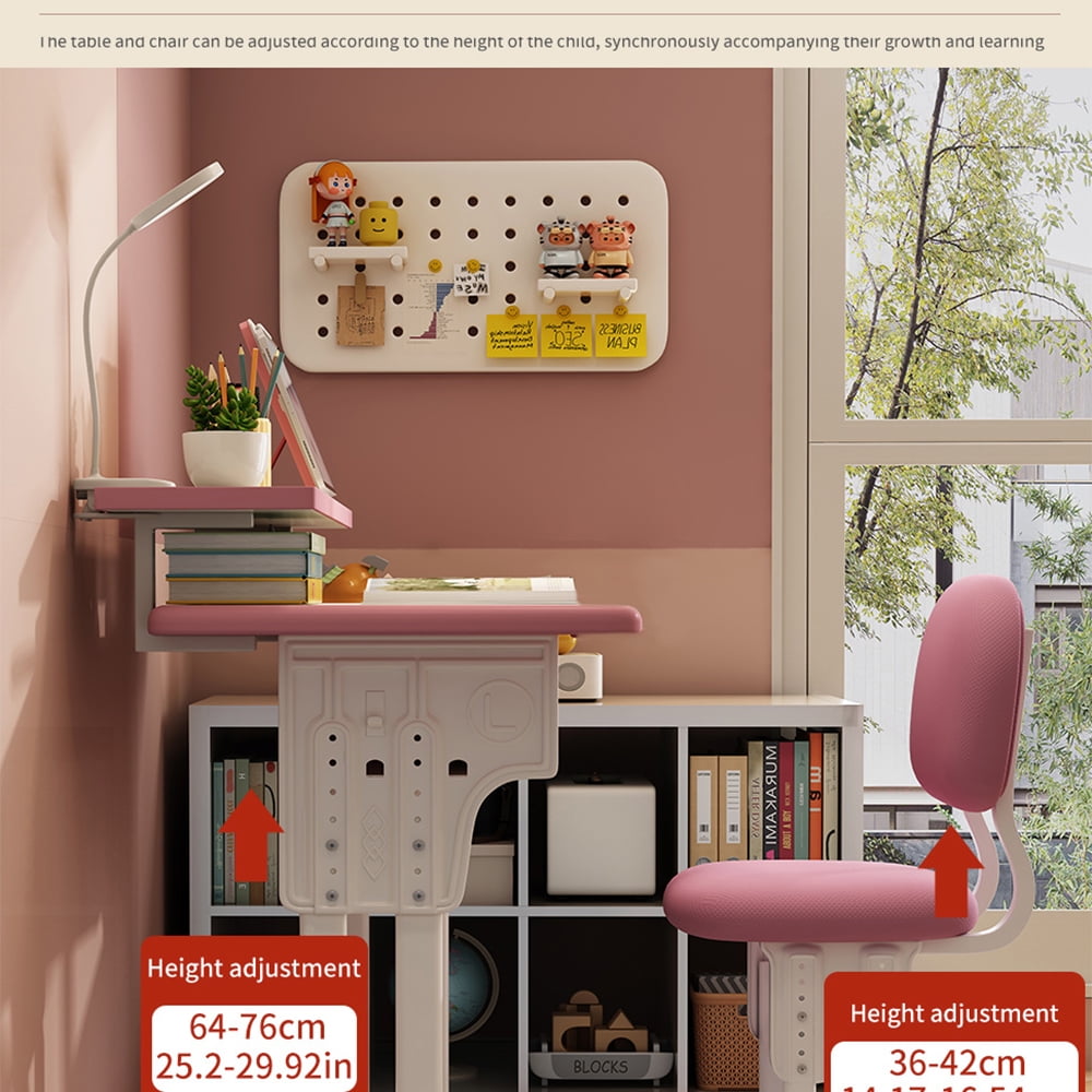 Kids Study Desk and Chair Set, LVYUAN Children School Drawing Desk Chair Set Height Adjustable Ergonomic Table and Chair Set with LED Lamp, Book Stand, Storage Drawer, Hook Pink